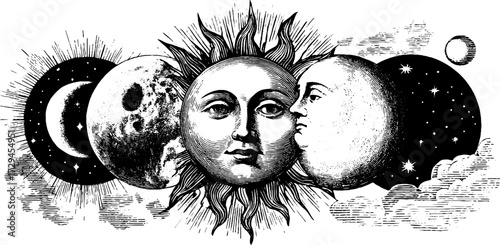 Intricate engraved illustration of an ancient alchemical chart reflecting celestial bodies and eternal mysteries