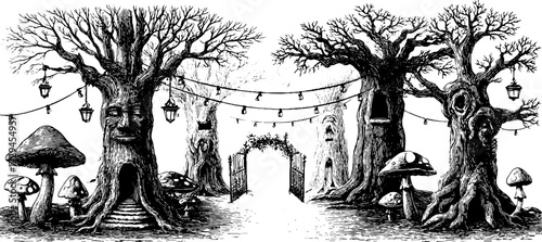 Enchanted forests with mystical trees and lanterns - perfect for vintage design and decor