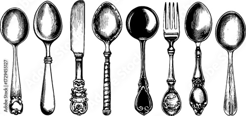 Vintage spoons engraving illustration for retro kitchen decor and culinary art