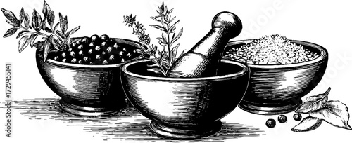 Vintage sketch of assorted wooden bowls with herbs and spices for retro kitchen decor
