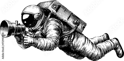 Vintage engraved illustration of an astronaut with space backpack for retro design and decor