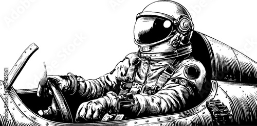 Vintage engraved illustration of an astronaut in a spaceship cockpit