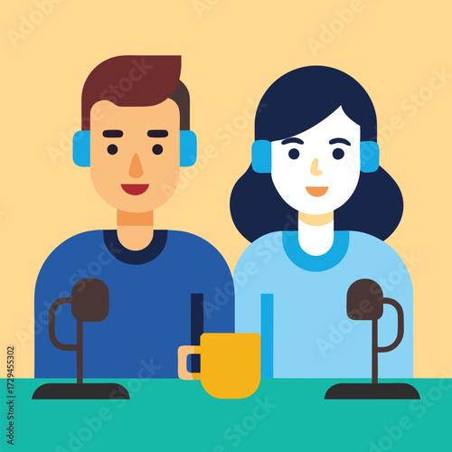 Two diverse people wearing headphones and speaking into microphones with a mug between them representing podcasting or broadcasting