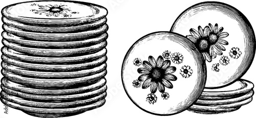 Vintage engraved illustration of ceramic plates featuring floral designs for home decor