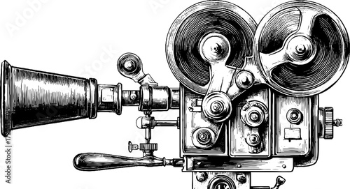 Vintage engraved illustration of classic handheld film camera for retro design