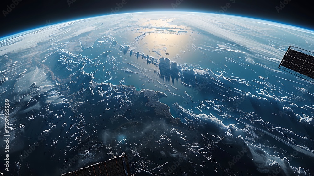 Fototapeta premium Stunning view of Earth from space showing continents, oceans, and clouds with sunlight reflecting on water and solar panels of a satellite
