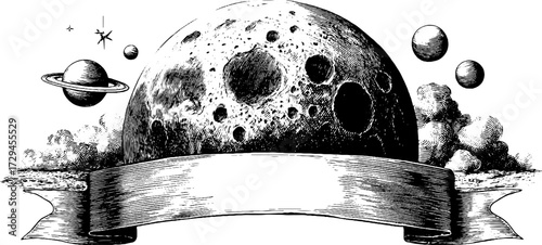Vintage hand-drawn engraved illustration of the moon with craters and celestial elements for retro design