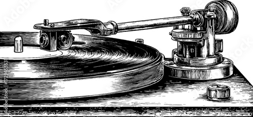 Vintage phonograph needle close-up engraving - retro music art illustration for posters and labels