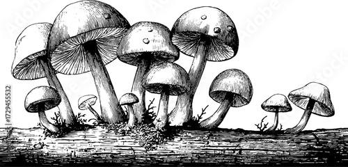 Vintage engraved mushroom cluster with earthy forest detail in classic botanical style.
