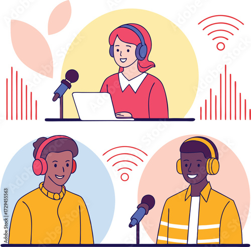 Diverse group of people in a podcast recording session wearing headphones and speaking into microphones illustrating online communication and broadcasting