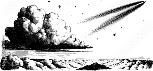 Vintage engraving of comet with long tail in night sky - retro celestial sketch for artistic design