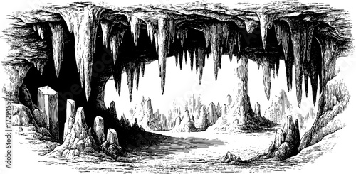 Vintage engraving of a crystal cave interior - hand drawn silhouette for design and decor