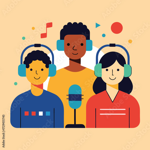 Diverse group of three young people wearing headphones and smiling with a microphone in the center representing podcasting broadcasting or online audio content creation