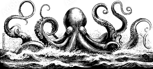 Vintage engraved illustration of deep sea kraken tentacle in ocean waves for nautical design