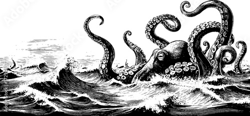 Vintage engraved kraken with swirling tentacles rising from stormy seas in nautical style.
