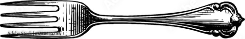 Vintage engraved dessert fork illustration for retro kitchen decor