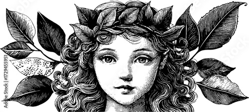 Vintage engraved dryad figure entwined with foliage and leaves in a mythic woodland style.
