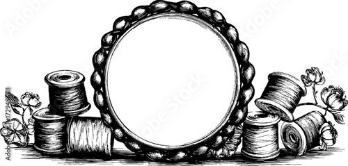 Vintage engraved illustration of empty embroidery hoop with sewing threads and roses for craft and design