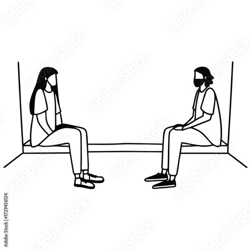 Minimalist cad style silhouettes of people sitting together in a group