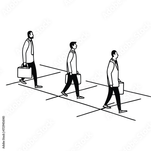 Silhouettes of diverse business people walking together with briefcases representing teamwork and corporate movement