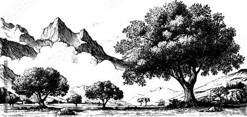 Enchanted valley landscape with mountains and trees in vintage hand drawn style