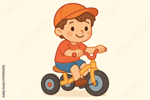 Happy young boy wearing an orange cap riding a yellow tricycle outdoors