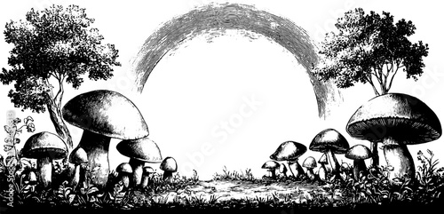 Enchanted fairy circle of mushrooms in vintage engraved design for magical scenes