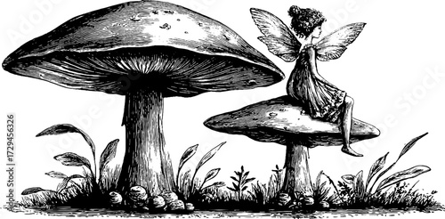 Vintage engraved fairy with delicate wings among mushrooms in an enchanting woodland scene.
