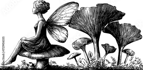 Enchanting fairy with delicate wings sitting amongst forest mushrooms - perfect for fantasy art and decor