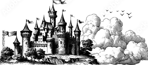 Fantasy castle on cliff with towering spires and billowing clouds in engraved style