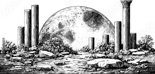 Vintage engraved fantasy landscape with ancient ruins, columns, and a celestial moonlit sky.
