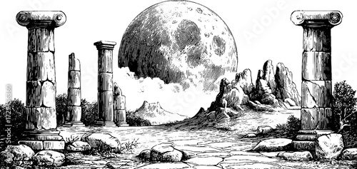Enchanted landscape with ancient ruins and moonlit sky - fantasy terrain design for posters or cards