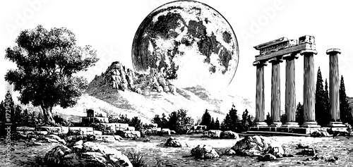 Enchanted landscape with ancient ruins and moonlit sky