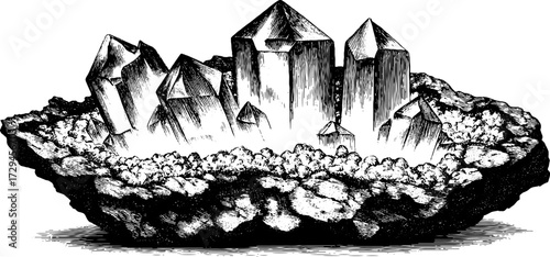 Vintage engraving of geode cross section featuring crystals