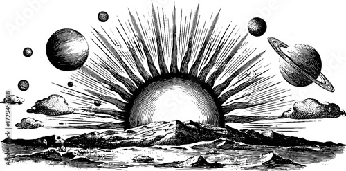 Celestial sunrise over mountains with glowing sun and planets - engraved vintage illustration for retro design