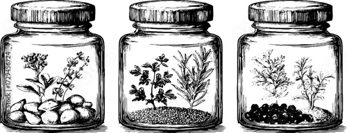 Vintage hand drawn engraving of glass storage jars filled with herbs and spices for retro kitchen decor
