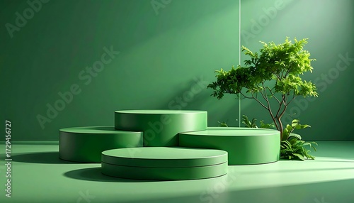 Green podiums with a tree