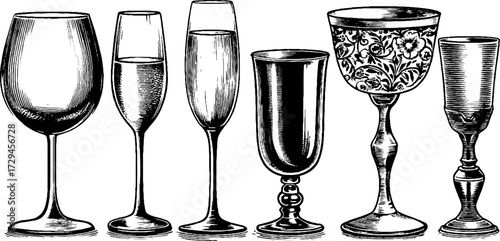 Vintage engraved illustration of glassware assortment featuring various elegant designs