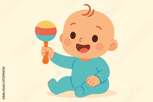Adorable cartoon baby sitting and happily playing with a colorful rattle in a light yellow background