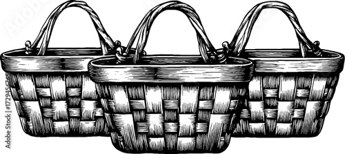 Vintage engraved market baskets illustration for retro design and labeling