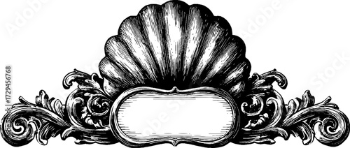 Vintage engraved shell design with ornate baroque flourishes