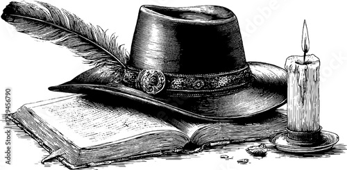 Vintage engraved illustration of a wizard’s hat, candle, and spellbook in a mystical style.
