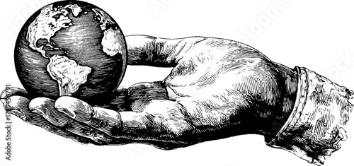 Vintage hand holding world globe illustration for design and print
