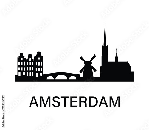 Amsterdam skyline silhouette. Famous Dutch architecture, windmill and church. Simple black cityscape for travel, infographic, design.