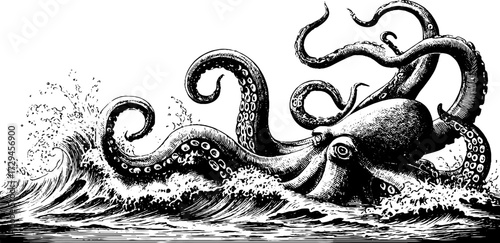 Engraved illustration of kraken tentacle curling in ocean waves