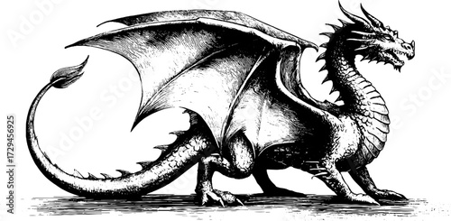 Engraved illustration of legendary hybrid beast dragon for fantasy design