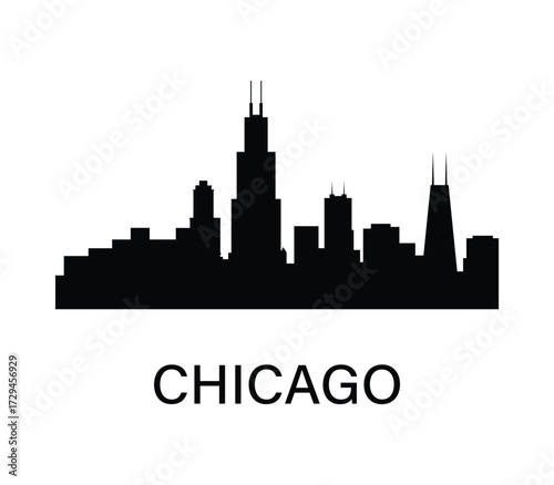 Chicago skyline silhouette. Willis Tower and modern architecture. Simple black cityscape for travel, infographic, design.
