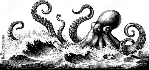 Intricate vintage illustration of kraken tentacles in motion for nautical-themed designs