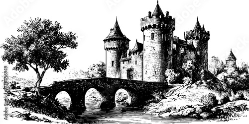 Medieval castle silhouette: engraved vintage illustration for retro design