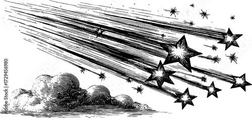 Vintage engraved illustration of meteor shower with shooting stars and cloud scene for design and art projects